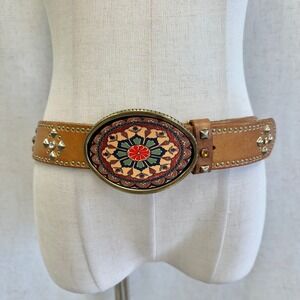 Streets Ahead Leather Belt Oval Medallion Buckle Studded Western Boho Women